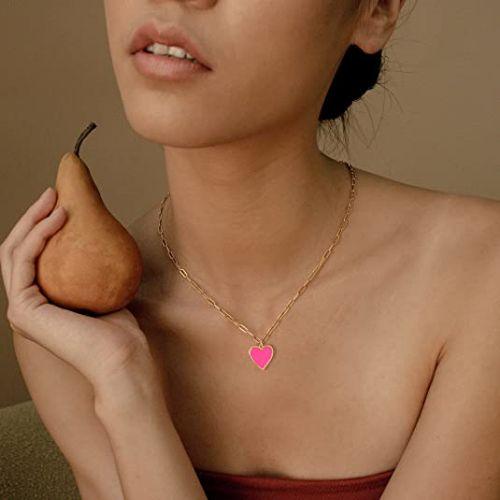 Pink Heart Pendant with Paperclip Chain Necklace