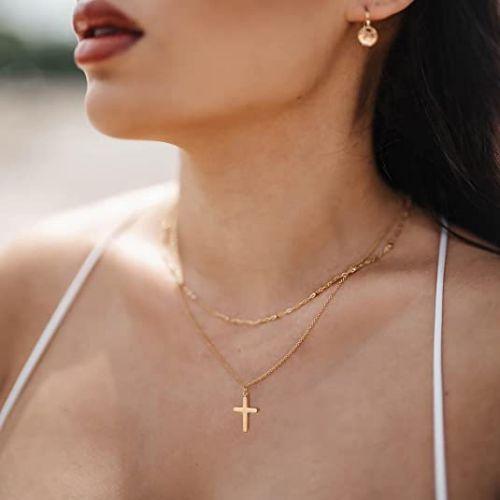Layered Beaded Chain with Cross Pendant Necklace