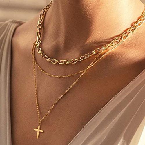 Layered Beaded Chain with Cross Pendant Necklace