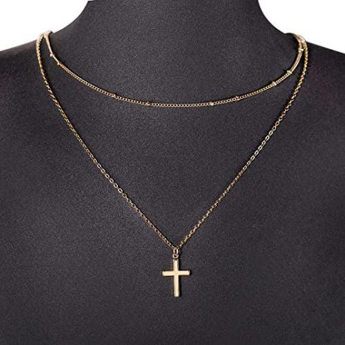 Layered Beaded Chain with Cross Pendant Necklace