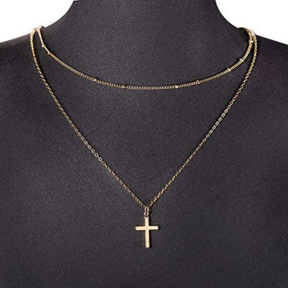 Layered Beaded Chain with Cross Pendant Necklace
