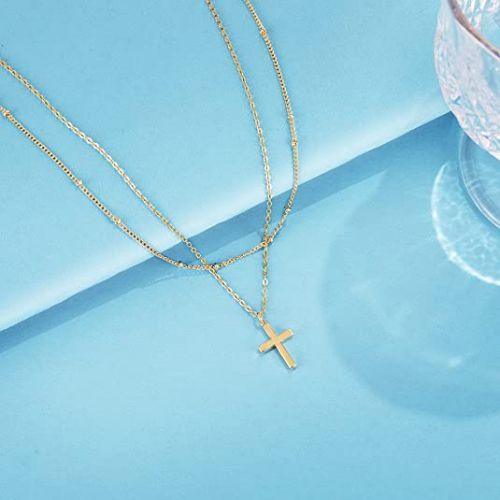 Layered Beaded Chain with Cross Pendant Necklace