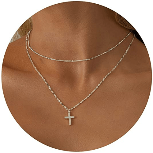 Layered Beaded Chain with Cross Pendant Necklace