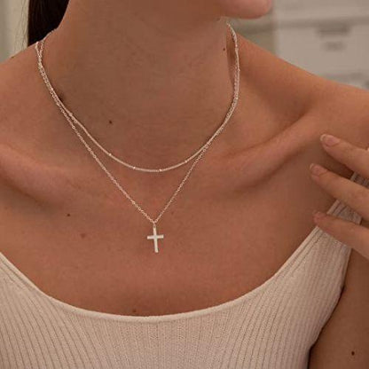 Layered Beaded Chain with Cross Pendant Necklace