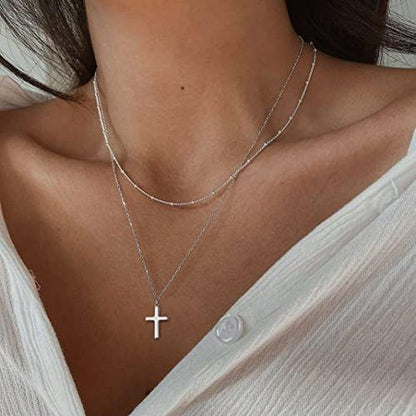 Layered Beaded Chain with Cross Pendant Necklace