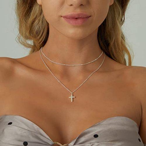 Layered Beaded Chain with Cross Pendant Necklace