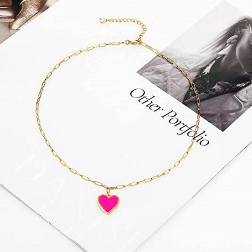 Pink Heart Pendant with Paperclip Chain Necklace